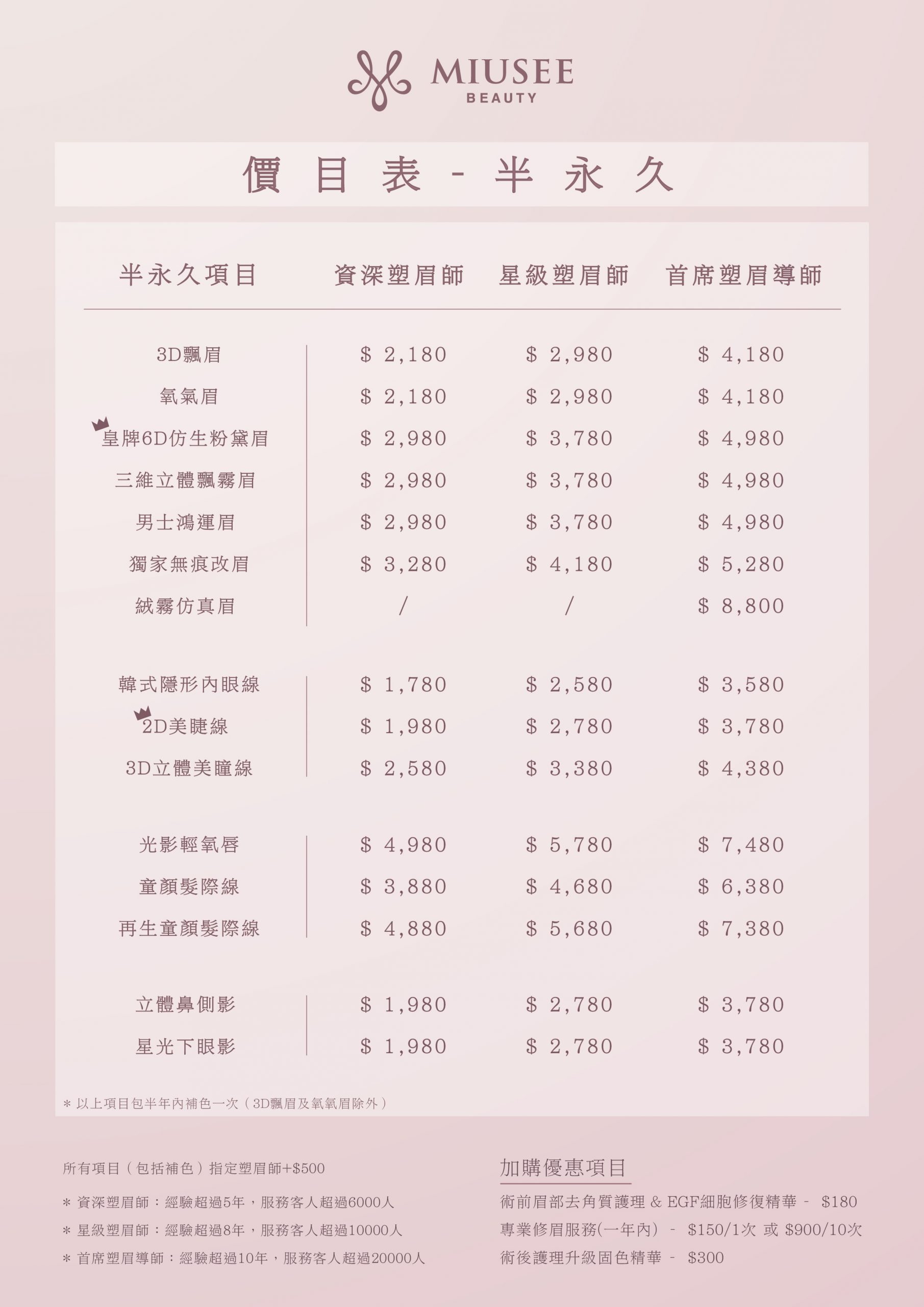 2022 MIUSEE 半永久價目表